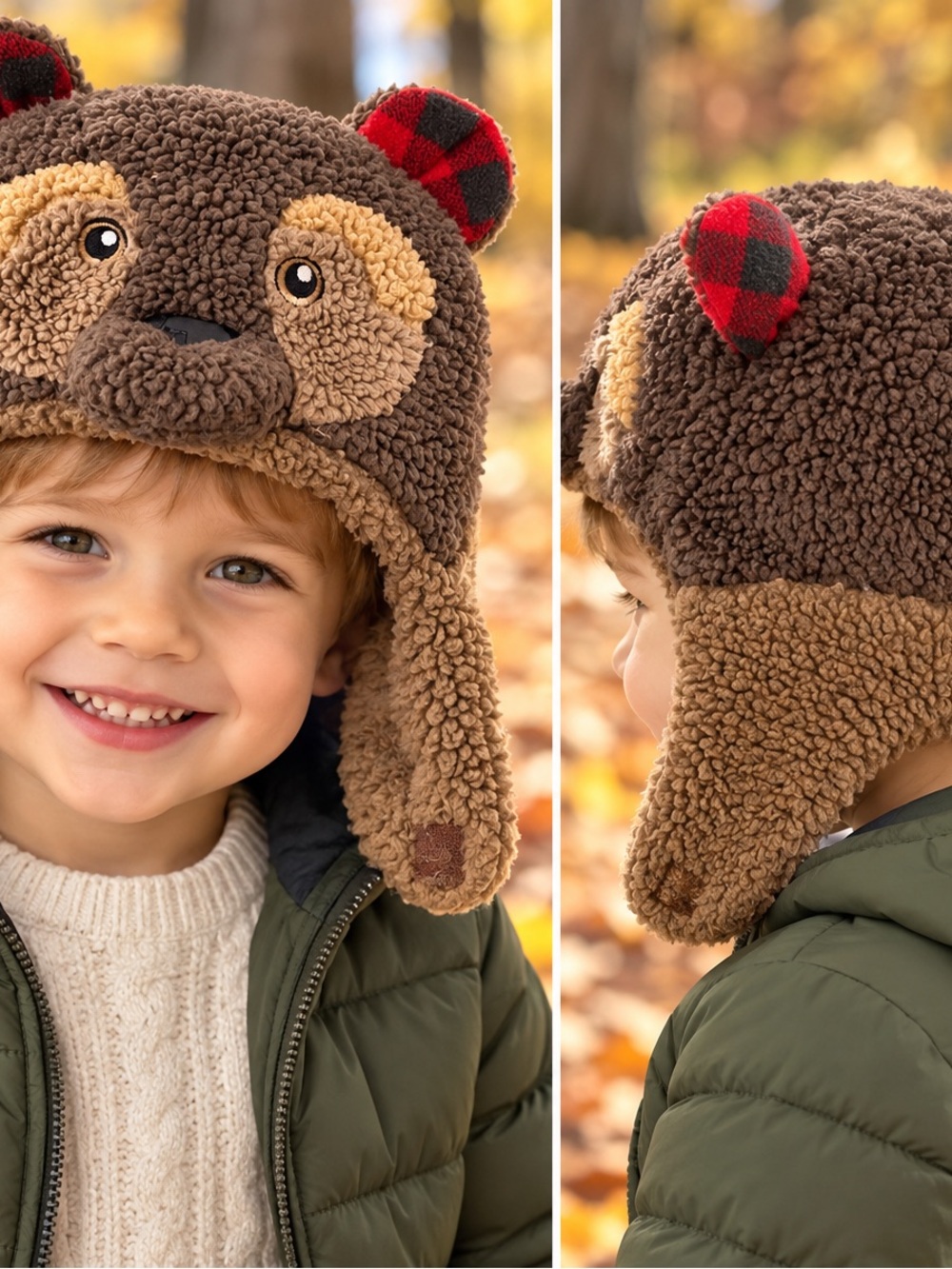 GAP kids bear trapper hat brown sherpa plaid ears size M 48–50 cm